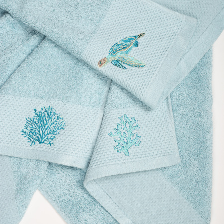 Комплект махровых полотенец Бирюза с вышивкой Подводный мир 