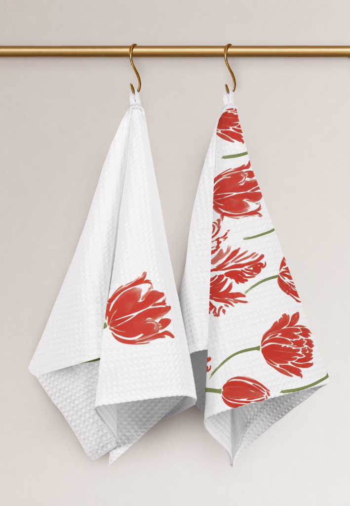Набор полотенец вафельных Алые бутоны